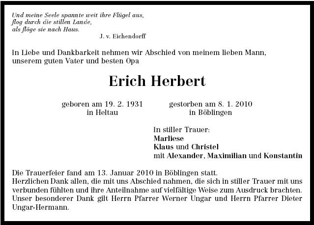 Herbert Erich 1931-2010 Todesanzeige